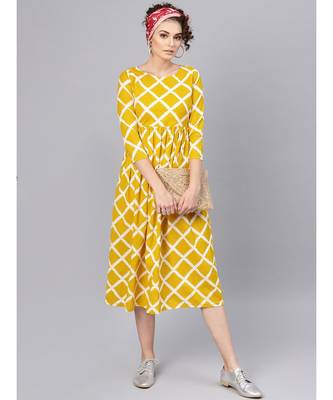 yellow Diamond Print Gathered Dress 4