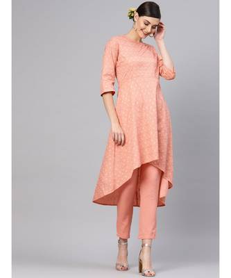 Peach Foil High Low Kurta With Peach Pants 1