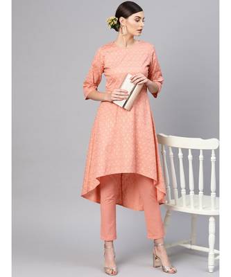 Peach Foil High Low Kurta With Peach Pants 4