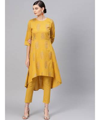 Mustard Paisely High Low Kurta With Mustard Pants 1