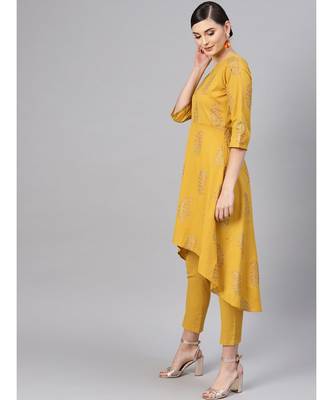 Mustard Paisely High Low Kurta With Mustard Pants 2