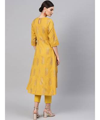 Mustard Paisely High Low Kurta With Mustard Pants 3