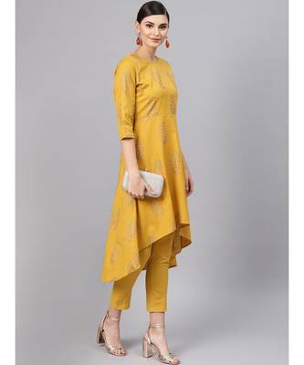 Mustard Paisely High Low Kurta With Mustard Pants 4
