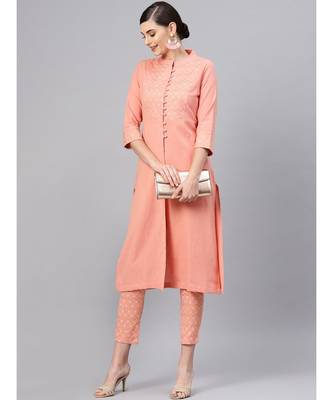 Peach Front Yoke Kurta With Peach Printed Pants 4