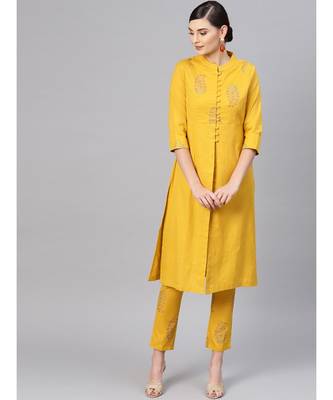 Mustard Paisley Front Yoke Kurta With Mustard Floral Pants 1