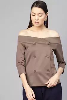Brown Double Breasted Bardot Top
