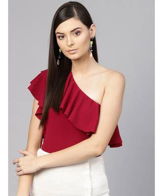 Maroon One Shoulder Ruffle Top 1