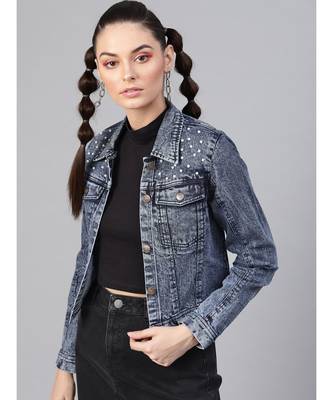 Blue Denim Pearl Studded Jacket 1