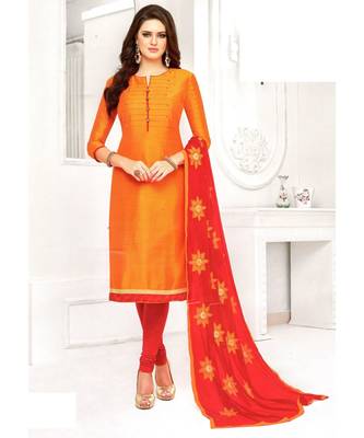 Orange Embroidered Art Silk Unstitched Salwar With Dupatta 1