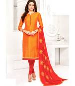 Orange Embroidered Art Silk Unstitched Salwar With Dupatta