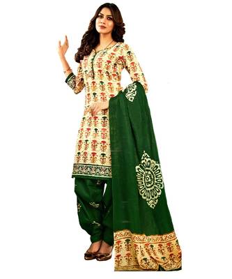 Cream Embroidered Cotton Unstitched Salwar With Dupatta 1