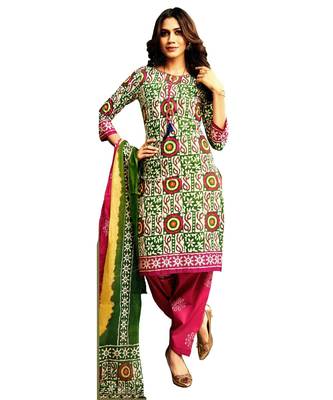 Green Embroidered Cotton Unstitched Salwar With Dupatta 1