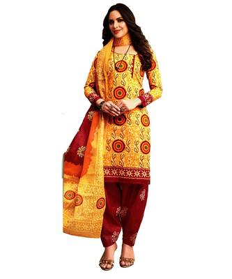 Yellow Embroidered Cotton Unstitched Salwar With Dupatta 1