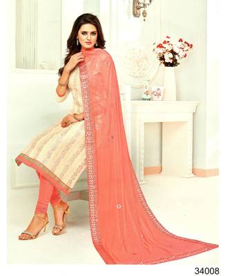 Cream Embroidered Banarasi Silk Unstitched Salwar With Dupatta 1