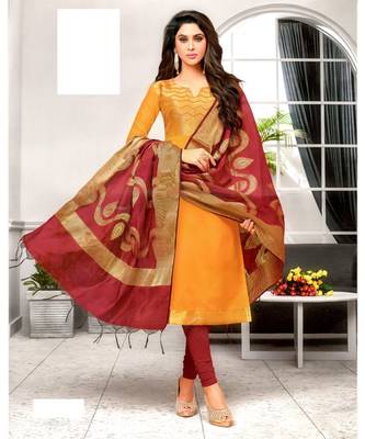 Orange Embroidered Banarasi Silk Unstitched Salwar With Dupatta 1