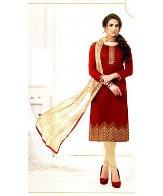 Maroon Embroidered Chanderi Silk Unstitched Salwar With Dupatta 1