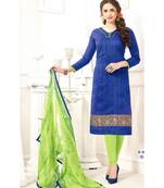 Blue Embroidered Chanderi Silk Unstitched Salwar With Dupatta