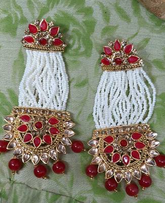 Traditional Look Maroon Stone and Pearl Work Long Earrings 1