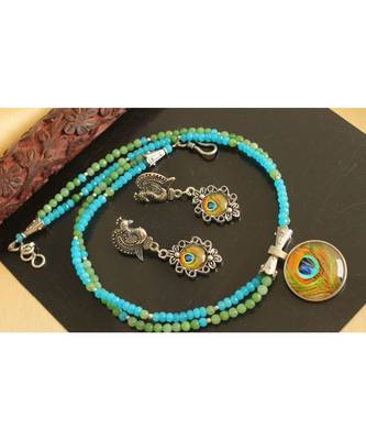 Gorgeous Blue Green Peacock Feather Design Agate Double Layer Necklace Set 1