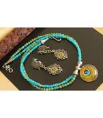 Gorgeous Blue Green Peacock Feather Design Agate Double Layer Necklace Set