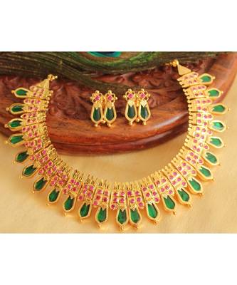 Gorgeous Gold Replica Pink Green Nagapadam Necklace Set 1