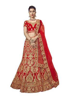 Red Embroidered Semi Stitched Lehenga, Choli And Dupatta Set 1