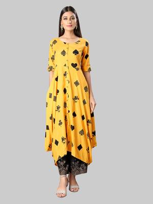 Mustard printed rayon ethnic-kurtis 1