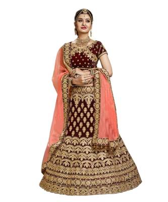 Maroon Embroidered Semi Stitched Lehenga, Choli And Dupatta Set 1