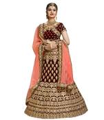 Maroon Embroidered Semi Stitched Lehenga, Choli And Dupatta Set