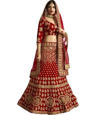 Red Embroidered Semi Stitched Lehenga, Choli And Dupatta Set 1