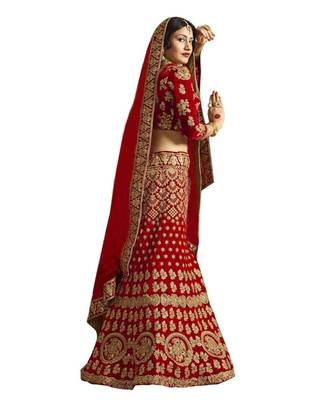 Red Embroidered Semi Stitched Lehenga, Choli And Dupatta Set 2