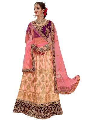 Peach Embroidered Satin Semi Stitched Lehenga 1