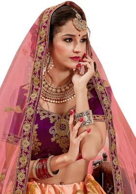 Peach Embroidered Satin Semi Stitched Lehenga 2