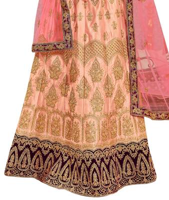 Peach Embroidered Satin Semi Stitched Lehenga 3