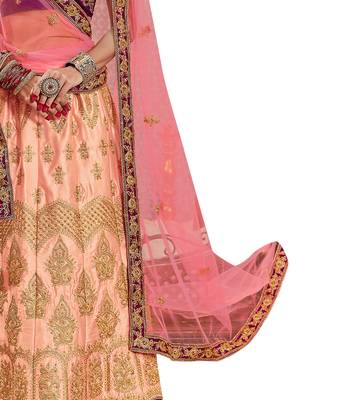 Peach Embroidered Satin Semi Stitched Lehenga 4