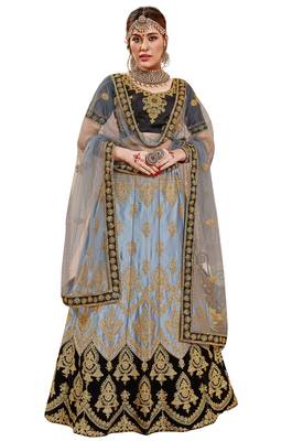 Grey Embroidered Satin Semi Stitched Lehenga 1
