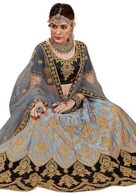 Grey Embroidered Satin Semi Stitched Lehenga 2