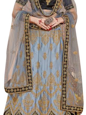 Grey Embroidered Satin Semi Stitched Lehenga 4