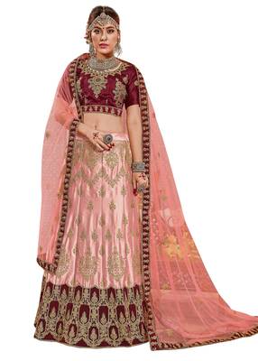 Peach Embroidered Satin Semi Stitched Lehenga 1