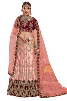 Peach Embroidered Satin Semi Stitched Lehenga