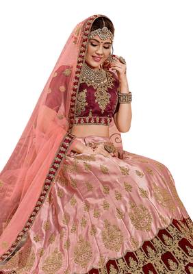 Peach Embroidered Satin Semi Stitched Lehenga 2