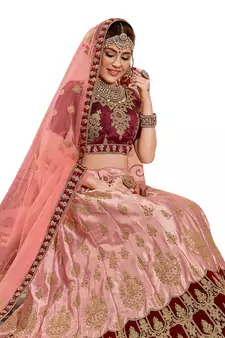 Peach Embroidered Satin Semi Stitched Lehenga