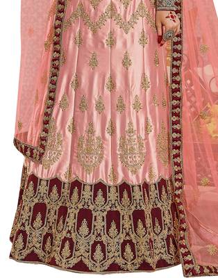 Peach Embroidered Satin Semi Stitched Lehenga 3