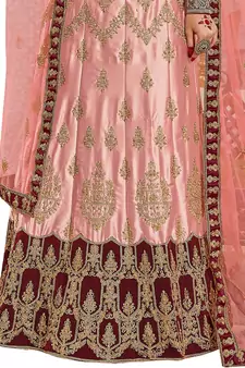 Peach Embroidered Satin Semi Stitched Lehenga