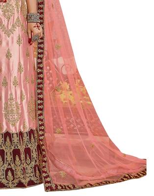 Peach Embroidered Satin Semi Stitched Lehenga 4