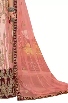 Peach Embroidered Satin Semi Stitched Lehenga
