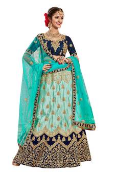 Light-Blue Embroidered Satin Semi Stitched Lehenga
