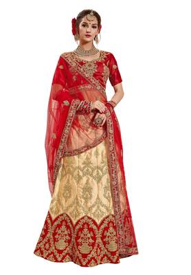 Beige Embroidered Satin Semi Stitched Lehenga 1