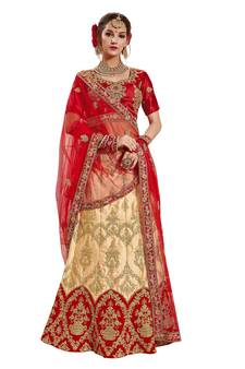 Beige Embroidered Satin Semi Stitched Lehenga
