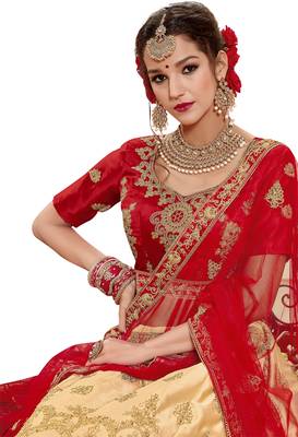 Beige Embroidered Satin Semi Stitched Lehenga 2